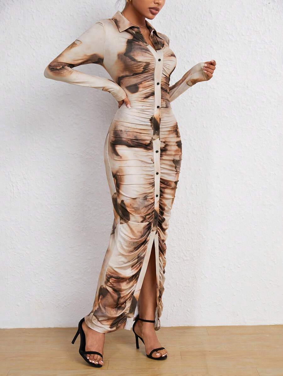 Marlow Tie Dye Ruched Button Front Bodycon Maxi Dress