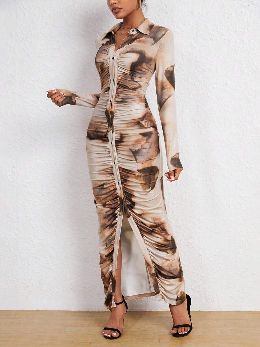 Marlow Tie Dye Ruched Button Front Bodycon Maxi Dress