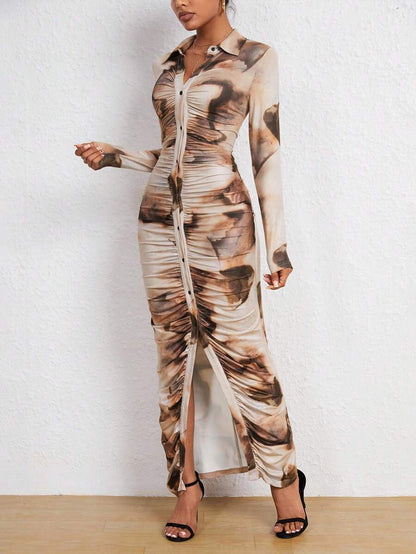 Marlow Tie Dye Ruched Button Front Bodycon Maxi Dress