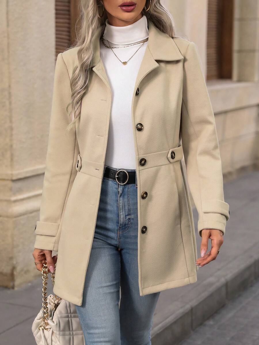 Juliana Single-Breasted Collared Coat with Button Front and Pockets - Khaki