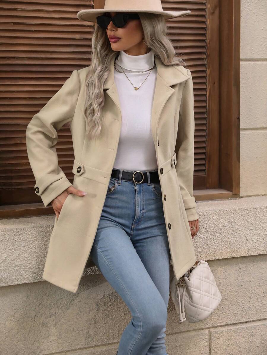 Juliana Single-Breasted Collared Coat with Button Front and Pockets - Camel