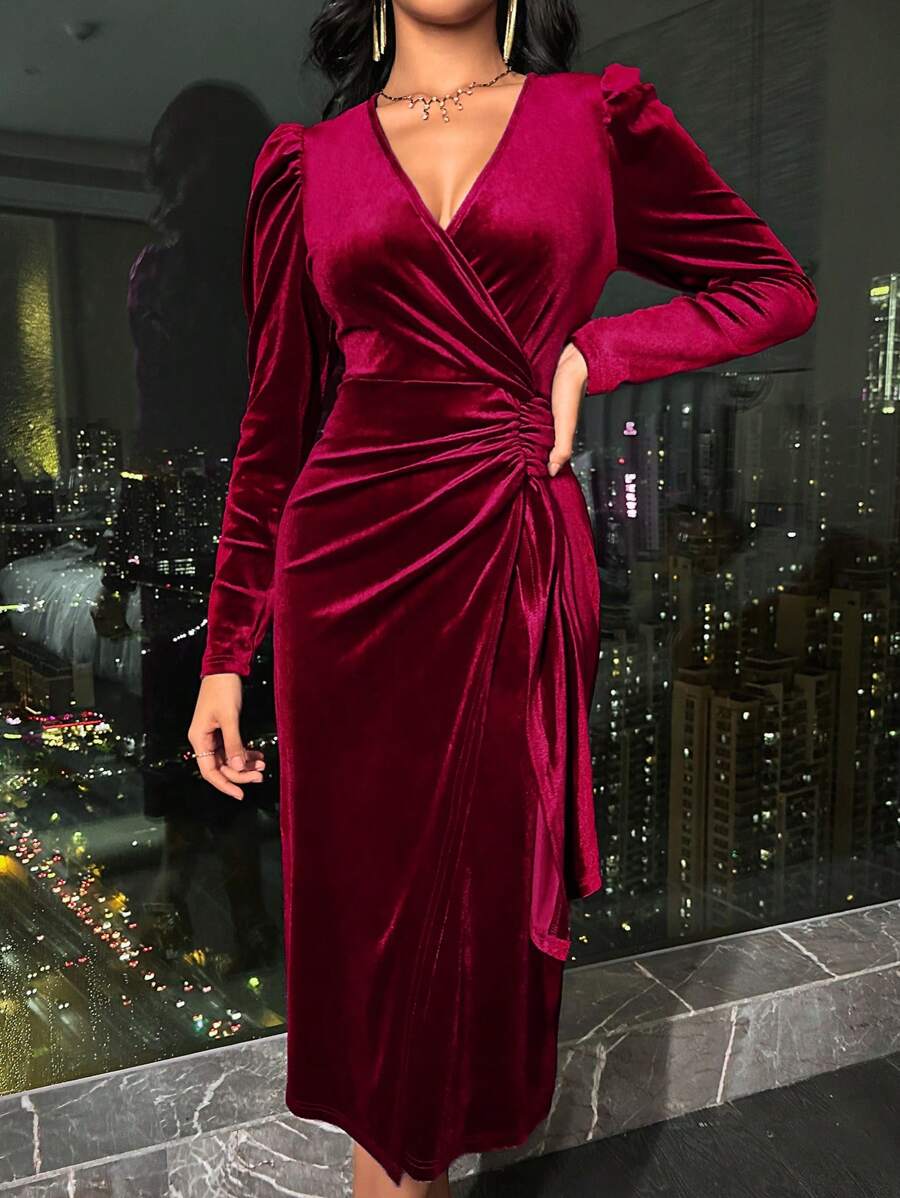 Valletta Velvet Wrap V Neck Ruched Midi Dress - Burgundy