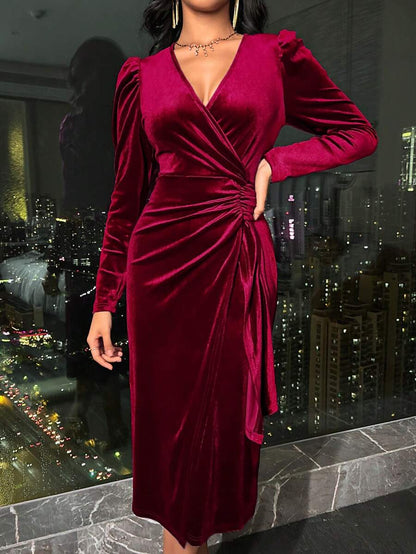 Valletta Velvet Wrap V Neck Ruched Midi Dress - Burgundy