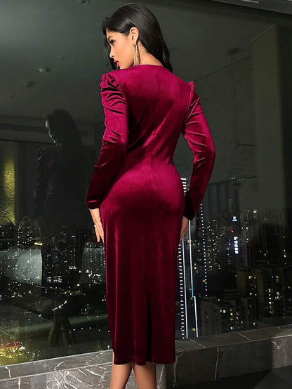 Valletta Velvet Wrap V Neck Ruched Midi Dress
