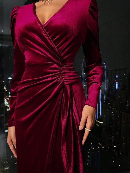 Valletta Velvet Wrap V Neck Ruched Midi Dress