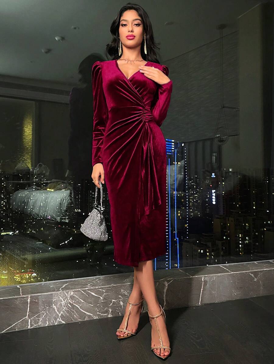 Valletta Velvet Wrap V Neck Ruched Midi Dress