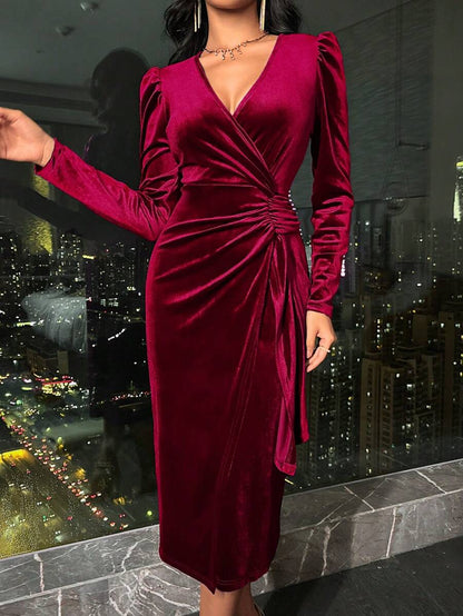 Valletta Velvet Wrap V Neck Ruched Midi Dress
