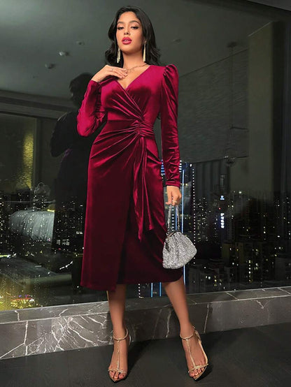Valletta Velvet Wrap V Neck Ruched Midi Dress
