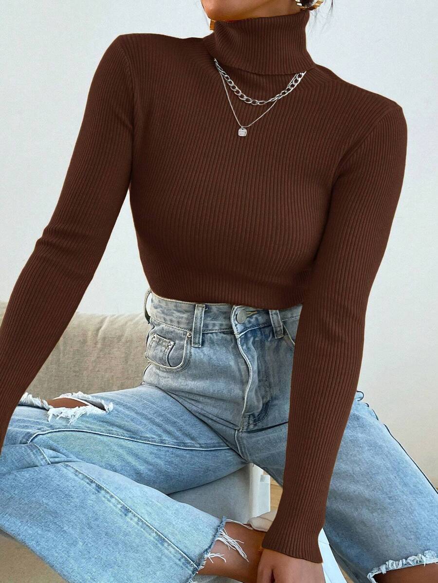 Nicolette Slim Fit Ribbed Knit Turtleneck Long Sleeve Sweater - Coffee Brown
