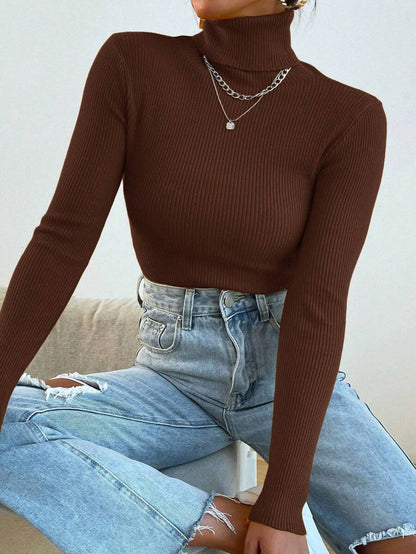 Nicolette Slim Fit Ribbed Knit Turtleneck Long Sleeve Sweater - Coffee Brown