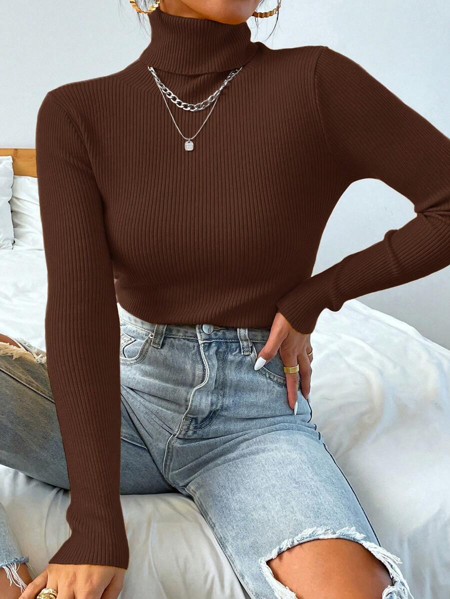 Nicolette Slim Fit Ribbed Knit Turtleneck Long Sleeve Sweater - Grey
