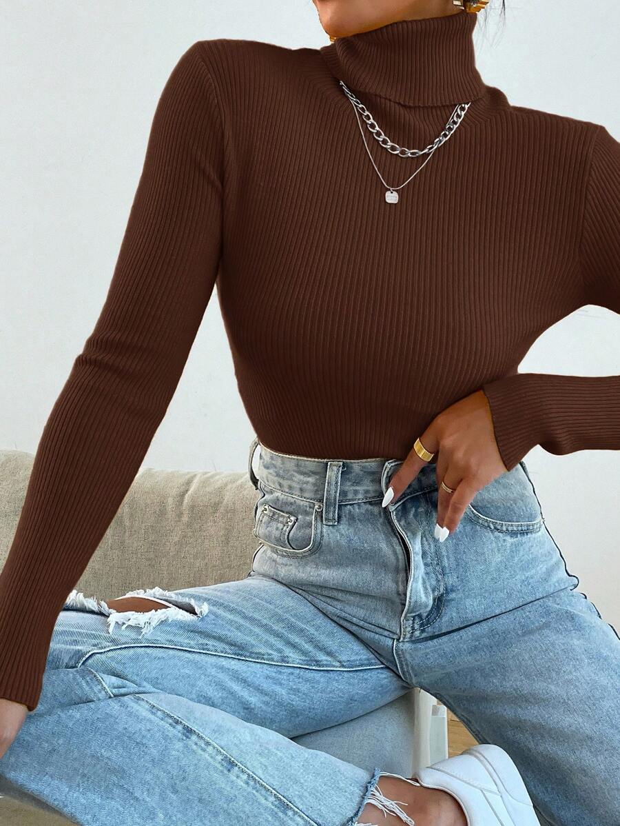 Nicolette Slim Fit Ribbed Knit Turtleneck Long Sleeve Sweater - Camel