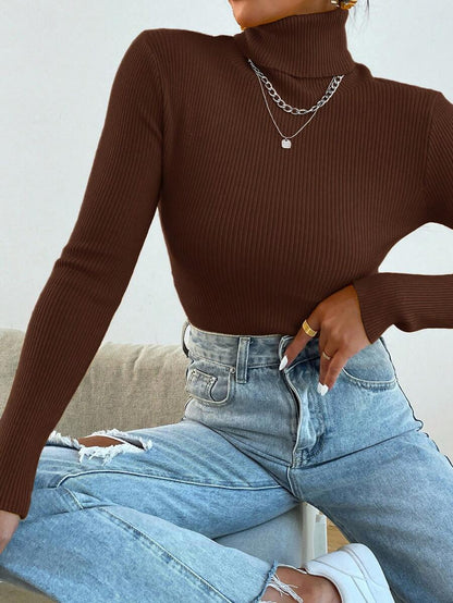 Nicolette Slim Fit Ribbed Knit Turtleneck Long Sleeve Sweater - Camel