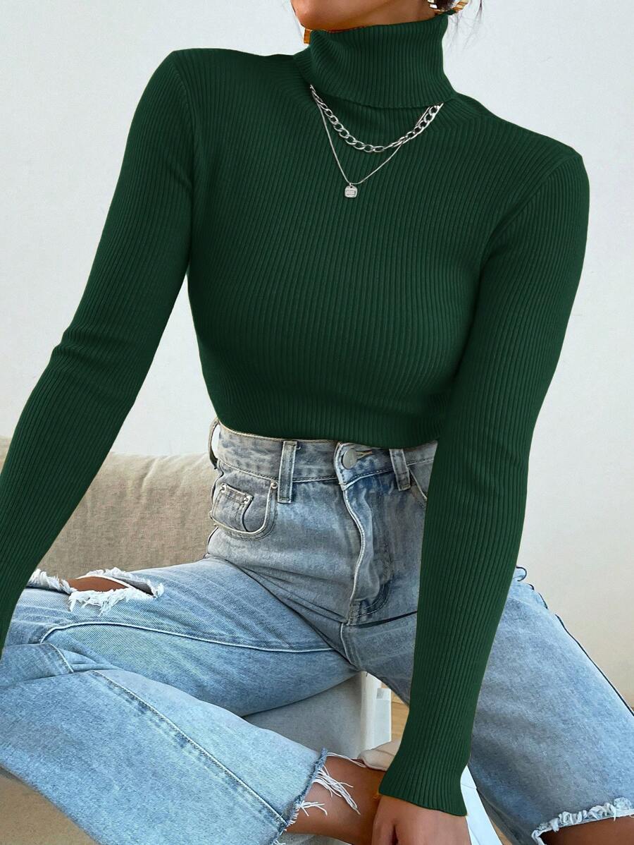 Nicolette Slim Fit Ribbed Knit Turtleneck Long Sleeve Sweater - Dark Green