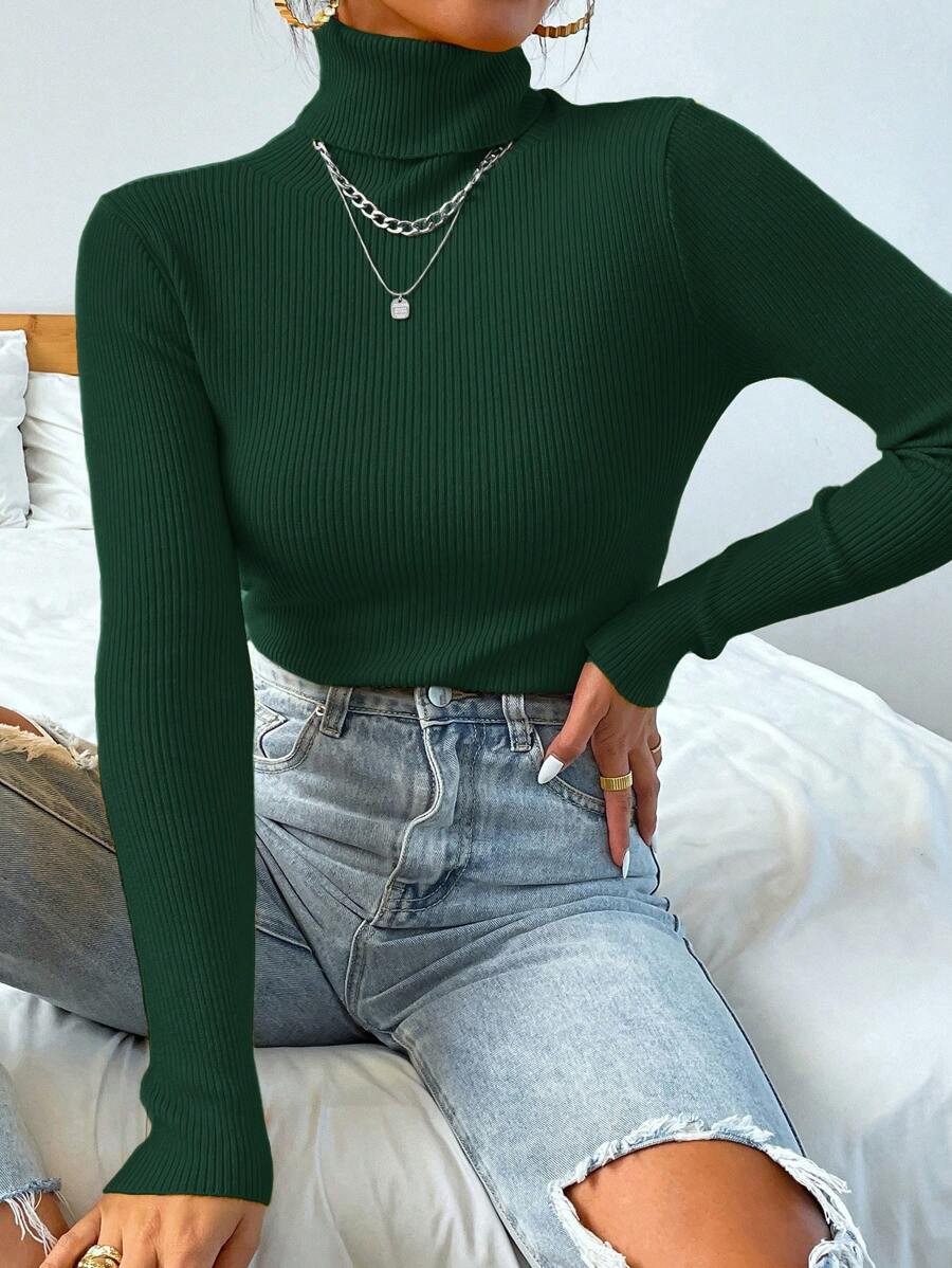 Nicolette Slim Fit Ribbed Knit Turtleneck Long Sleeve Sweater - Coffee Brown