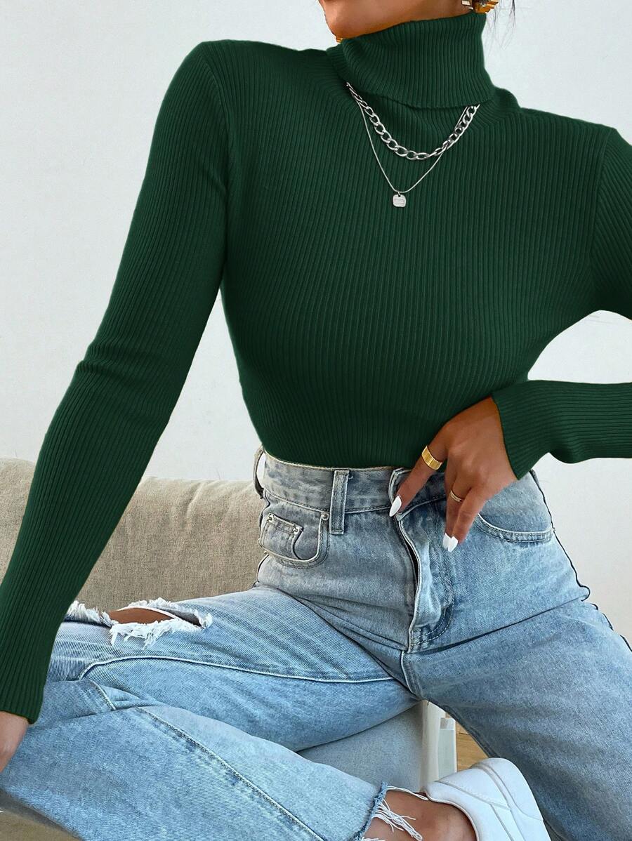 Nicolette Slim Fit Ribbed Knit Turtleneck Long Sleeve Sweater - Lime Green