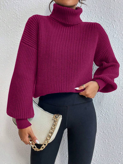 Wilhelmina Rib Knit Turtleneck Drop Shoulder Pullover Sweater - Burgundy