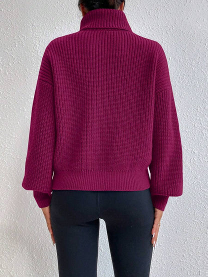 Wilhelmina Rib Knit Turtleneck Drop Shoulder Pullover Sweater - Army Green