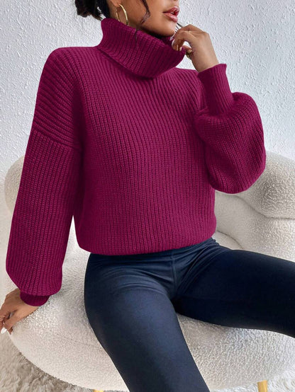 Wilhelmina Rib Knit Turtleneck Drop Shoulder Pullover Sweater - Beige