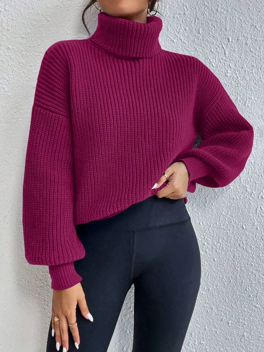 Wilhelmina Rib Knit Turtleneck Drop Shoulder Pullover Sweater - Royal Blue