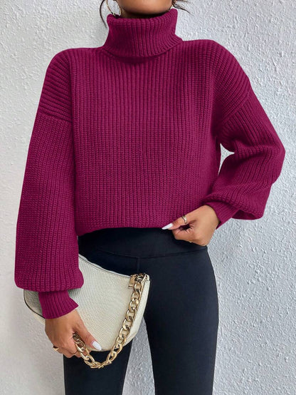 Wilhelmina Rib Knit Turtleneck Drop Shoulder Pullover Sweater - Light Grey