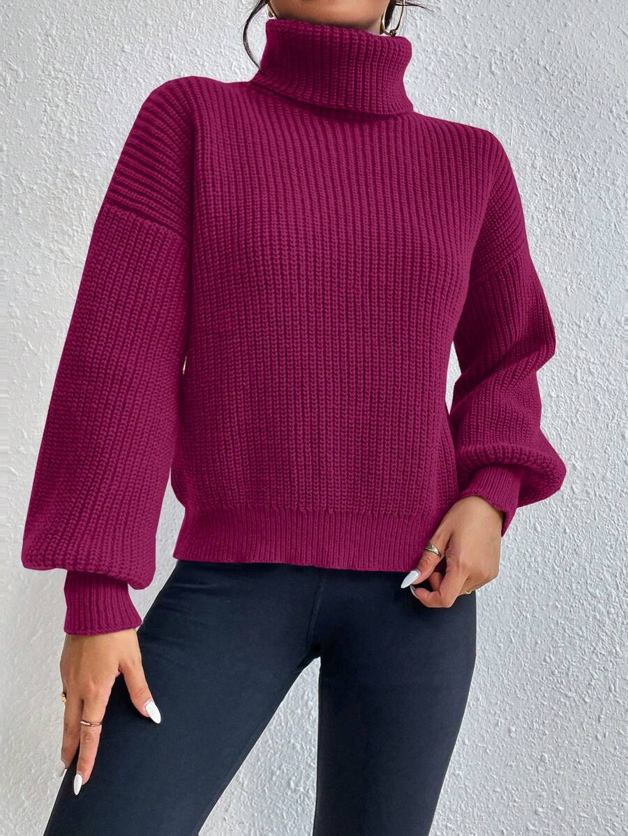 Wilhelmina Rib Knit Turtleneck Drop Shoulder Pullover Sweater - Dark Green
