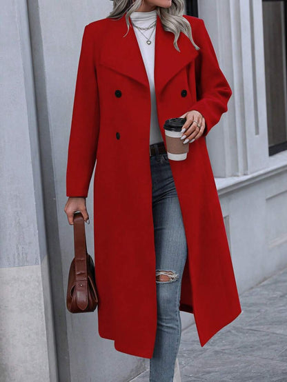 Graz Double Breasted Wool Look Long Overcoat - Red