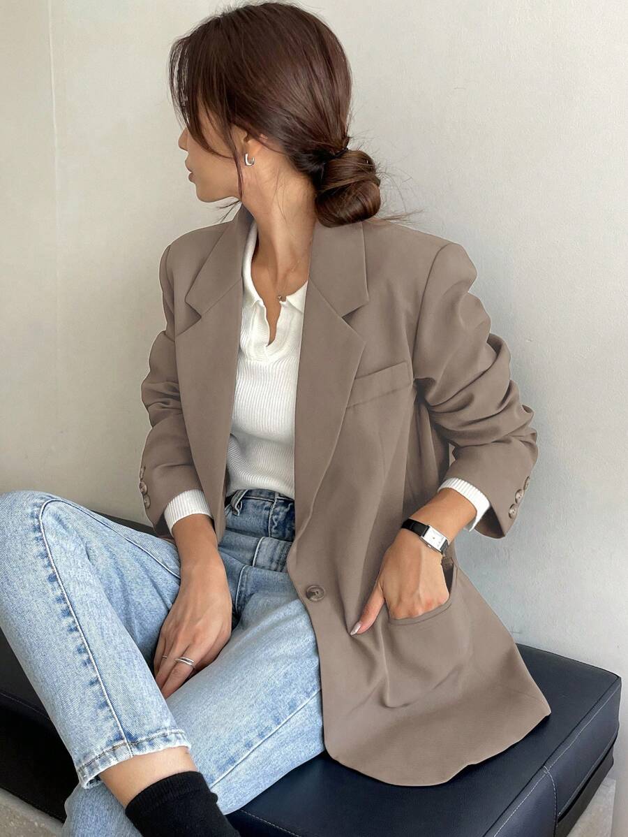 Pimlico Oversized Single Button Notch Lapel Blazer - Khaki