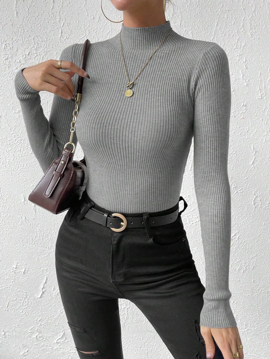 Verity Slim Ribbed Mock Neck Sweater Long Sleeve Pullover - Light Grey