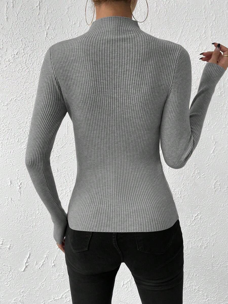 Verity Slim Ribbed Mock Neck Sweater Long Sleeve Pullover - Light Grey