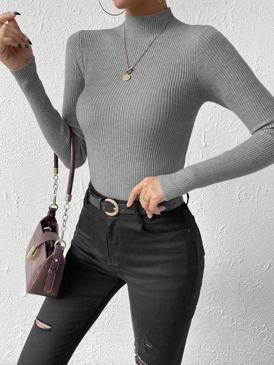 Verity Slim Ribbed Mock Neck Sweater Long Sleeve Pullover - Light Grey