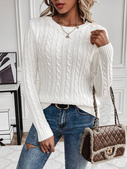 Livia Twist Cable Knit Crew Neck Sweater Fitted Pullover - White