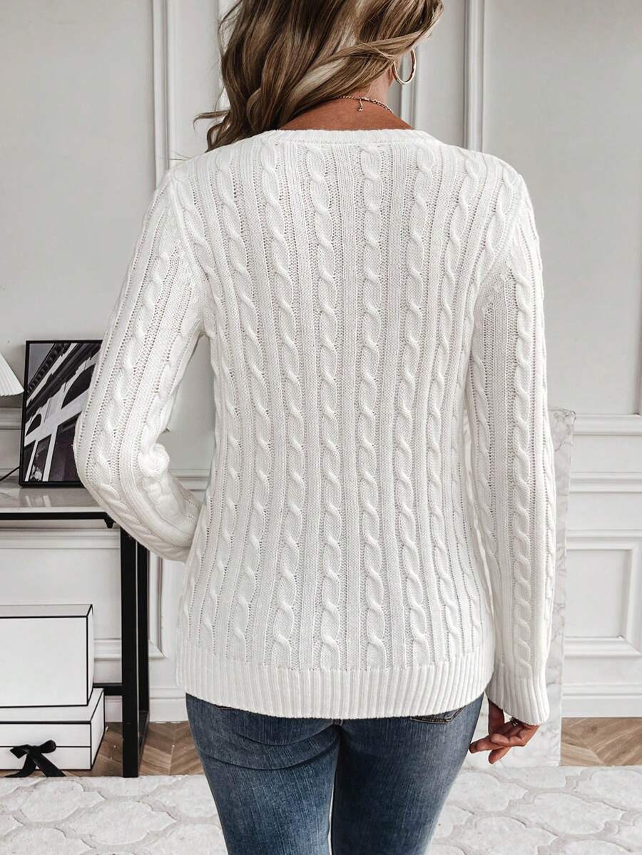 Livia Twist Cable Knit Crew Neck Sweater Fitted Pullover - White