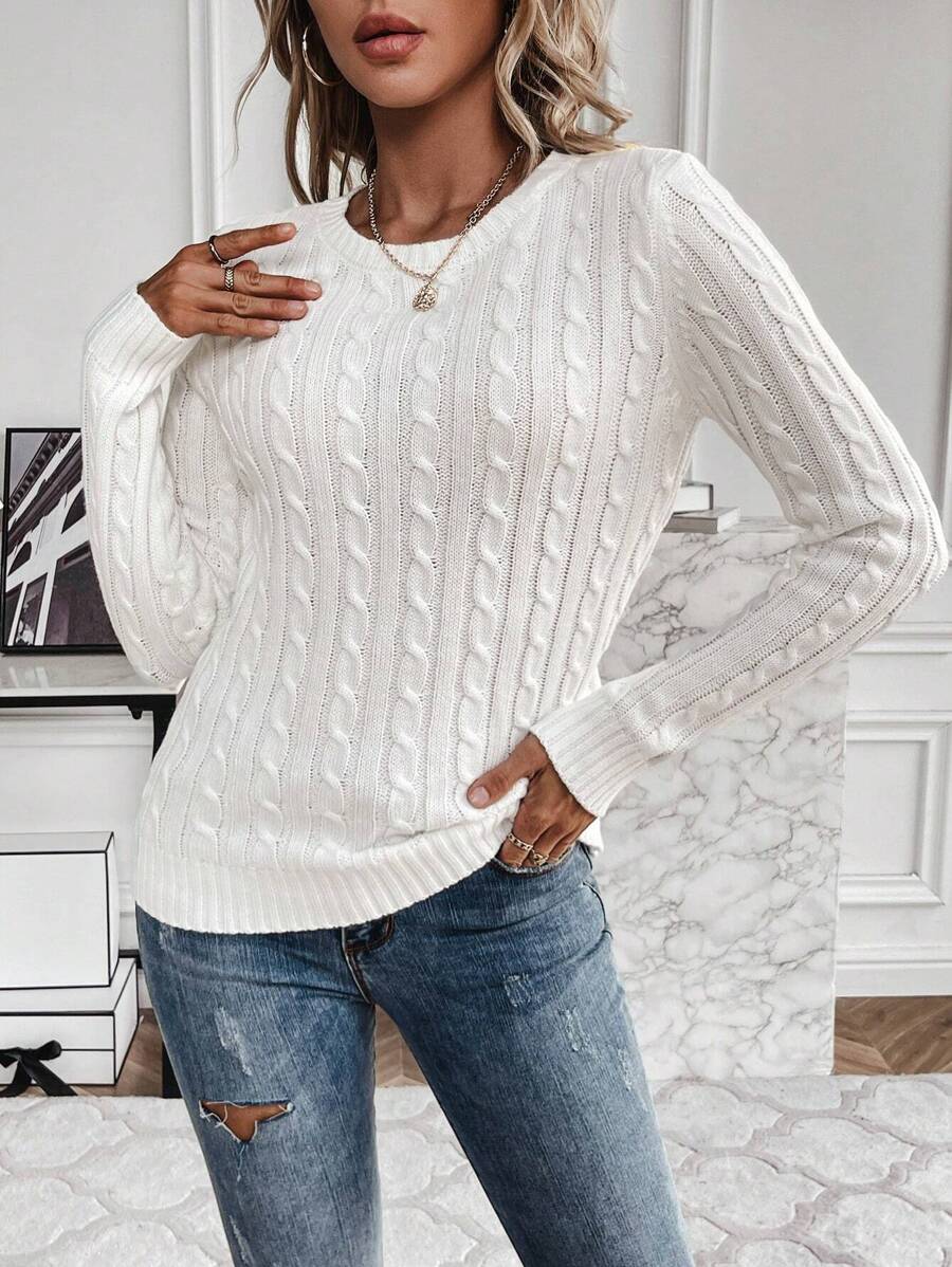 Livia Twist Cable Knit Crew Neck Sweater Fitted Pullover - White
