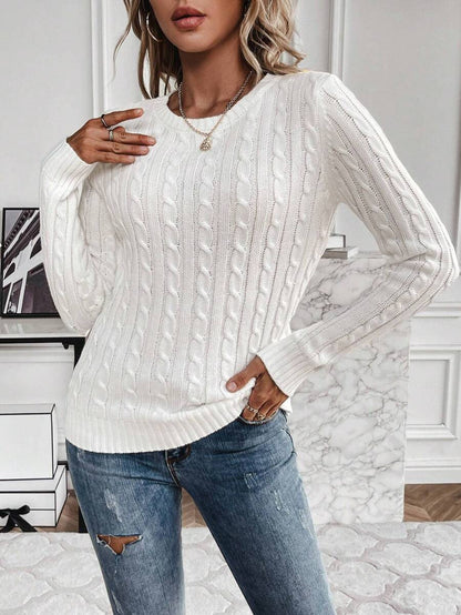 Livia Twist Cable Knit Crew Neck Sweater Fitted Pullover - White