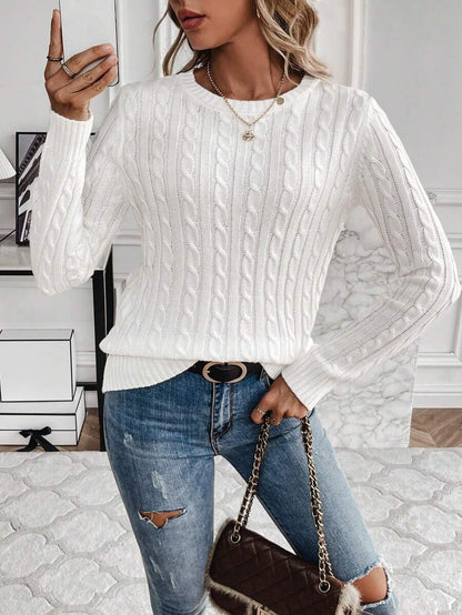 Livia Twist Cable Knit Crew Neck Sweater Fitted Pullover - White