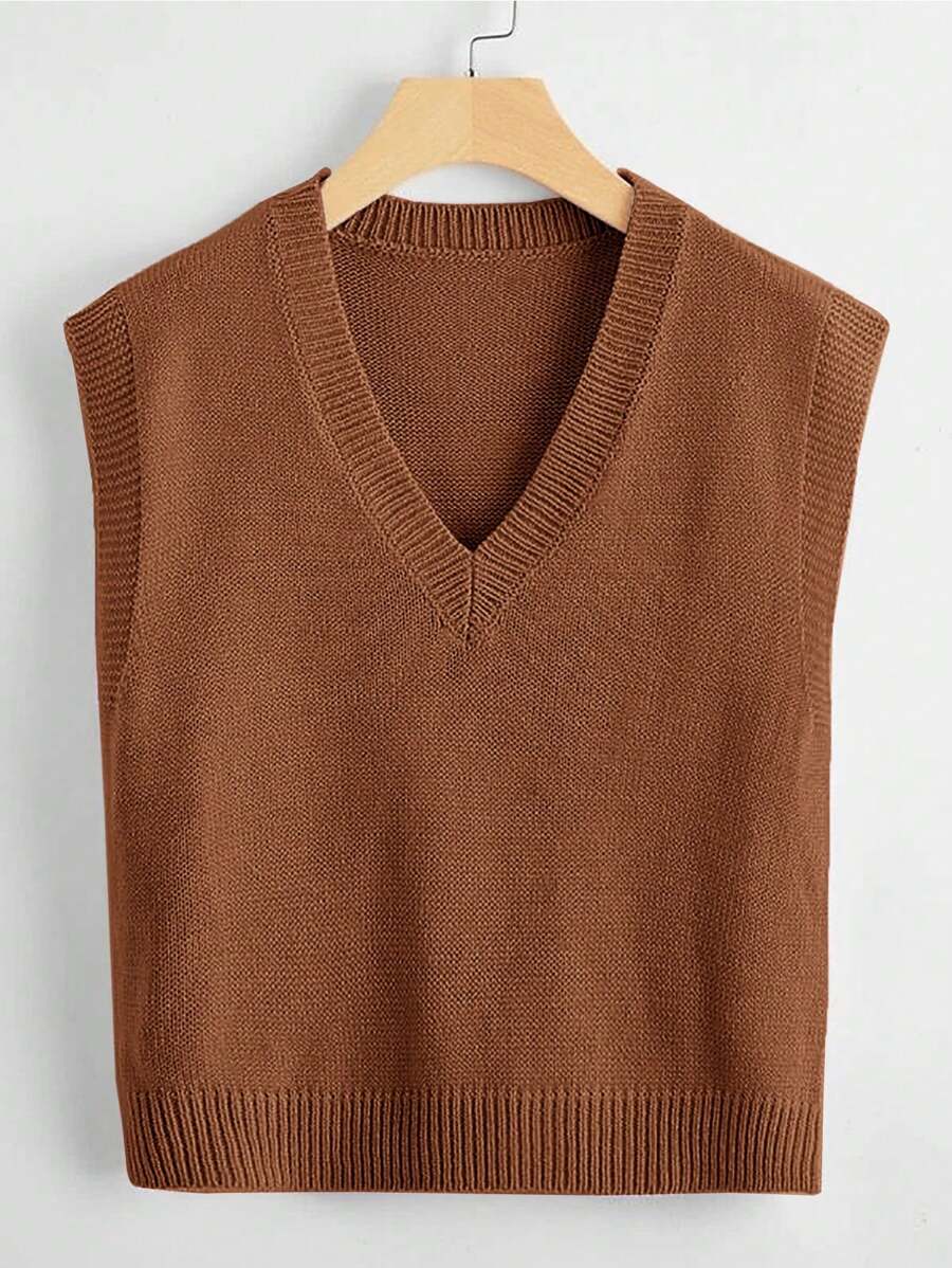 Marisa Fine Knit V-Neck Sleeveless Sweater Vest - Brown