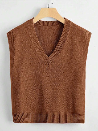 Marisa Fine Knit V-Neck Sleeveless Sweater Vest - Brown