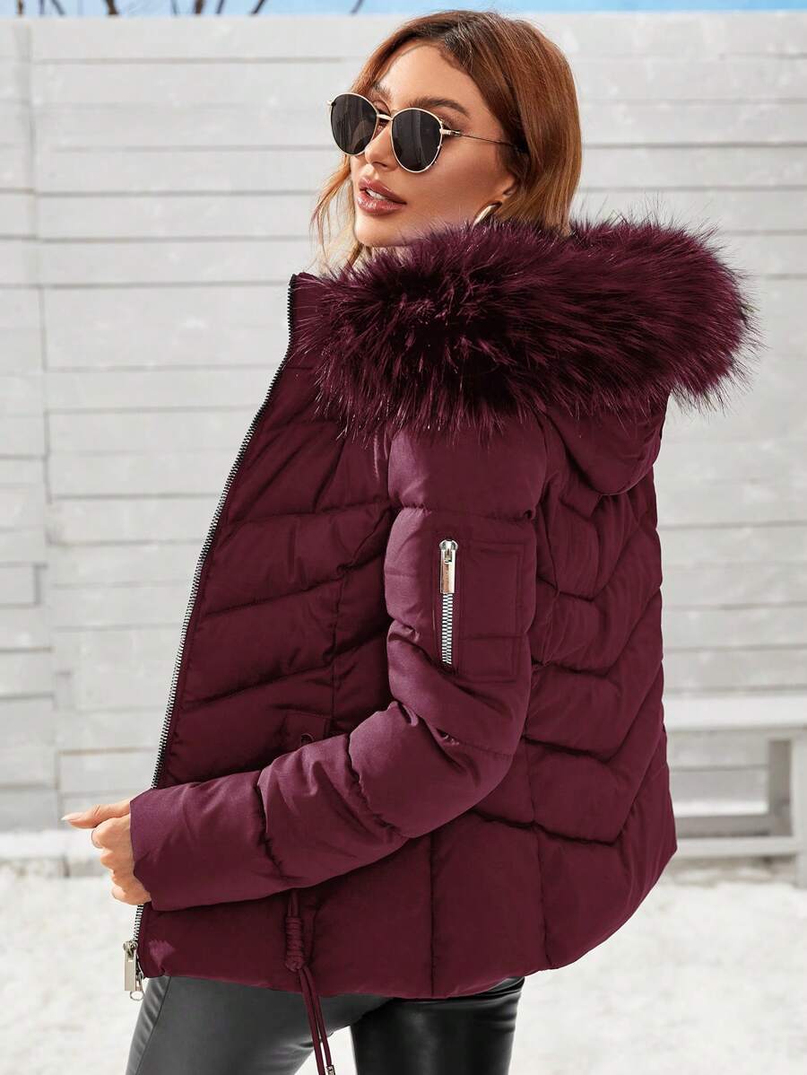 Blythe Faux Fur Trim Hooded Puffer Coat with Zip Front - Burgundy