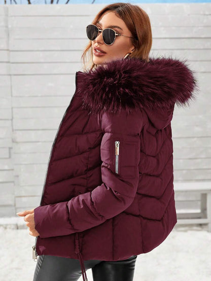 Blythe Faux Fur Trim Hooded Puffer Coat with Zip Front - Burgundy