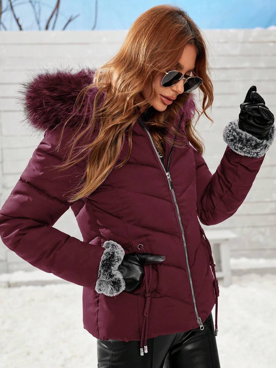 Blythe Faux Fur Trim Hooded Puffer Coat with Zip Front - Burgundy