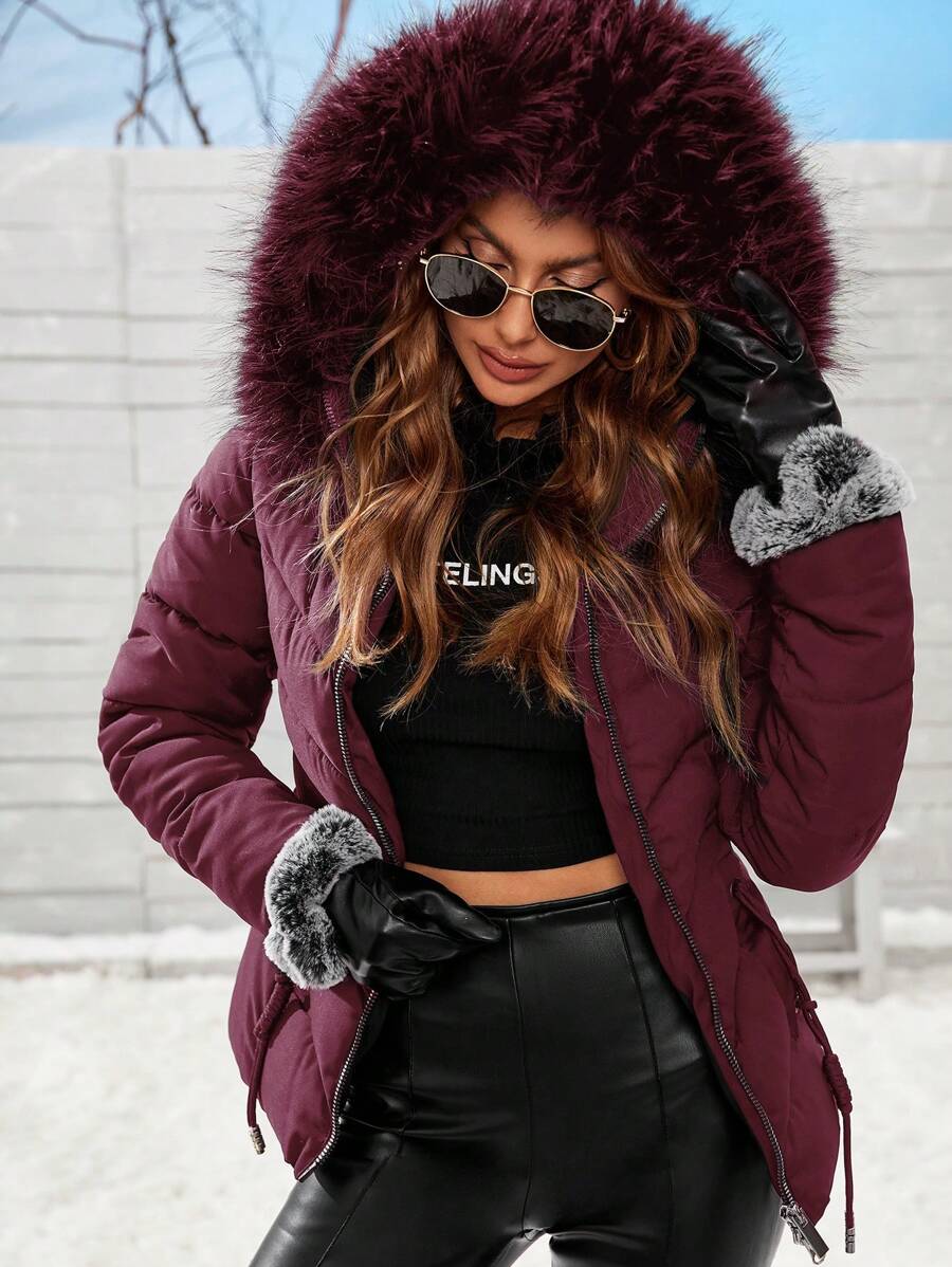 Blythe Faux Fur Trim Hooded Puffer Coat with Zip Front - Burgundy