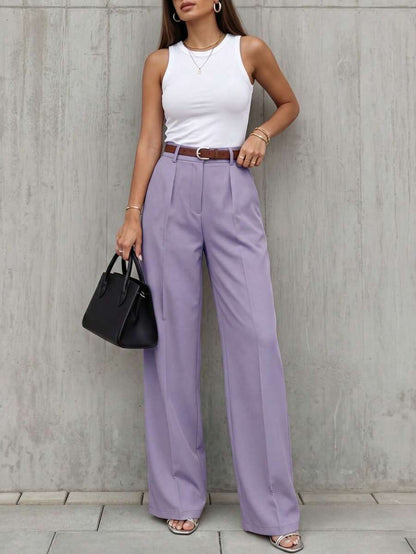 Simone High-Waist Pleated Wide-Leg Trousers with Pockets - Mauve Purple