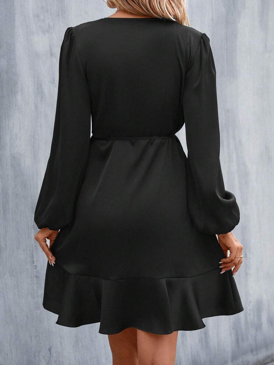 Women's Satin Wrap Dress, Tie Waist Ruffle Hem Silky Dress for Wedding Guest and Evening - Green