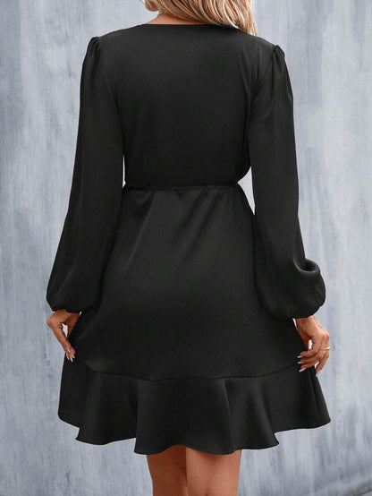 Women's Satin Wrap Dress, Tie Waist Ruffle Hem Silky Dress for Wedding Guest and Evening - Green
