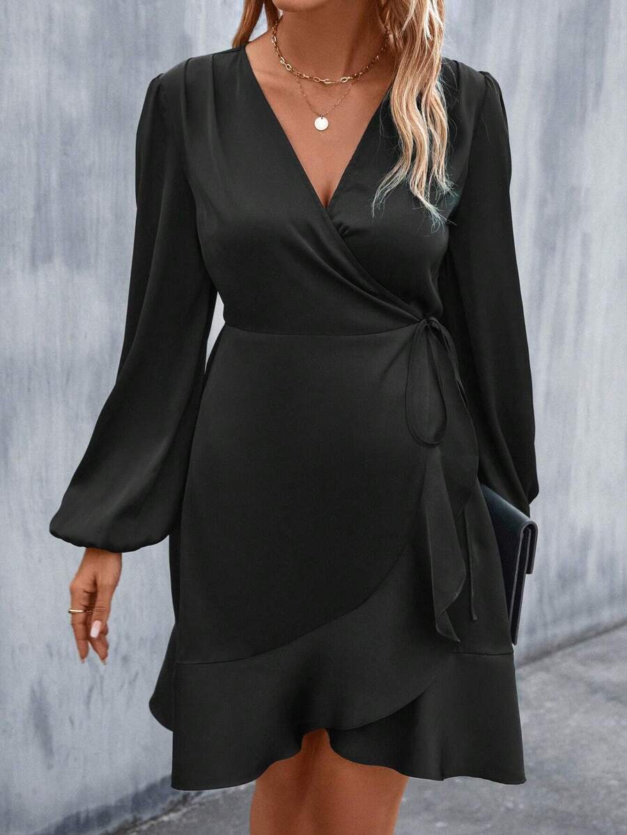 Women's Satin Wrap Dress, Tie Waist Ruffle Hem Silky Dress for Wedding Guest and Evening - Royal Blue