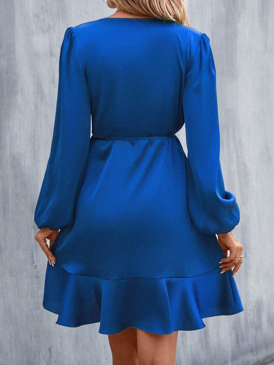 Women's Satin Wrap Dress, Tie Waist Ruffle Hem Silky Dress for Wedding Guest and Evening - Green