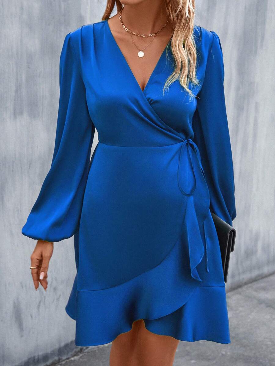 Women's Satin Wrap Dress, Tie Waist Ruffle Hem Silky Dress for Wedding Guest and Evening - Hot Pink