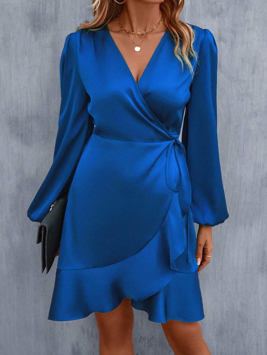 Women's Satin Wrap Dress, Tie Waist Ruffle Hem Silky Dress for Wedding Guest and Evening - Orange