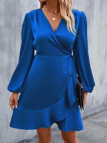 Women's Satin Wrap Dress, Tie Waist Ruffle Hem Silky Dress for Wedding Guest and Evening - Navy Blue
